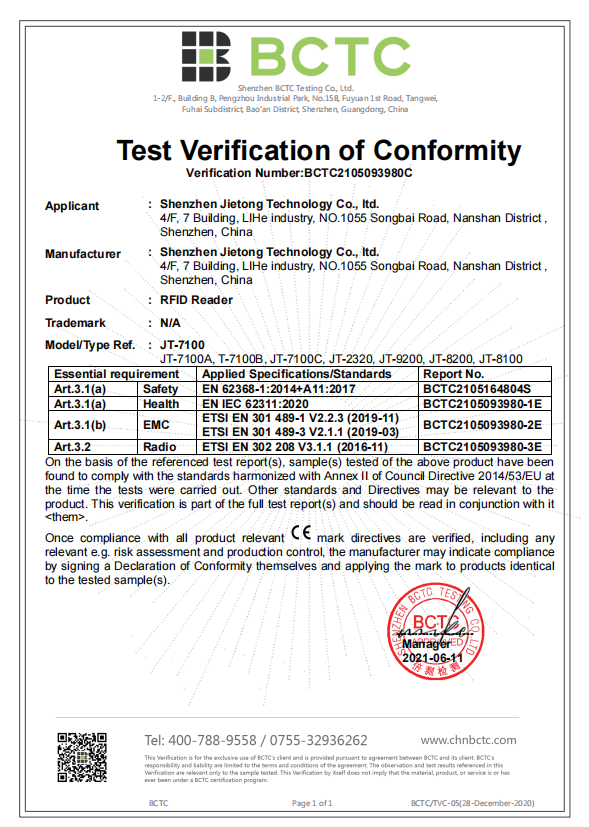 Certyfikat CE JT-7100
