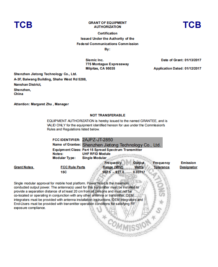 Certyfikat FCC JT-2850
